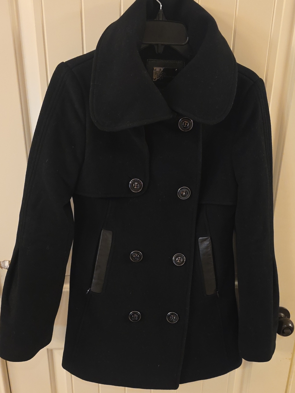 Mackage Black Double-Breasted Wool Pea Coat with Leather-Trim Pockets